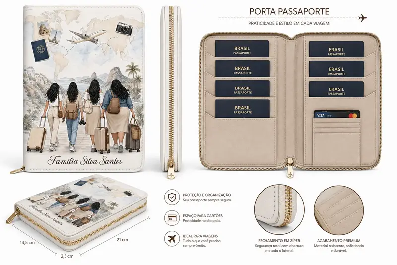 Porta Passaporte Família Estampado, com fechamento em zíper
